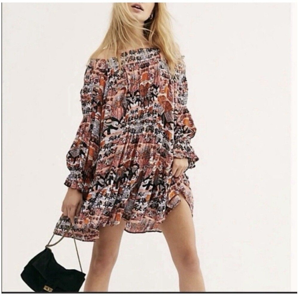 NWT Free People Bohemian Off Shoulder Dress See Ya Later Elephant Print Size M